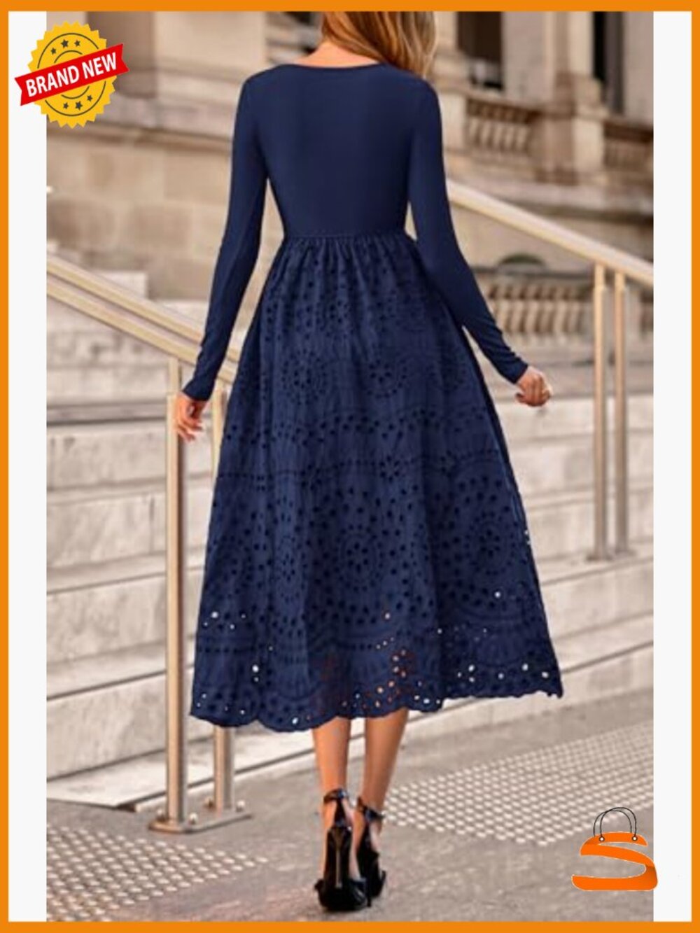 Women's Long Sleeve Maxi Dress A-Line Boho Eyelet Cotton Blend Pockets - Picture 5 of 7